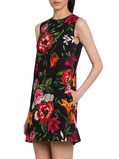Dolce&Gabbana, Rafia Fiori Floral Minidress, 36 (0), Black Print Flower
