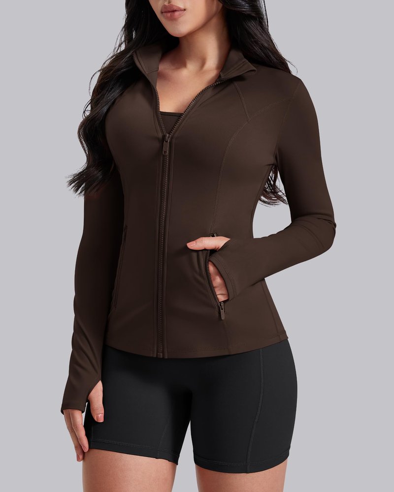 AVGO Womens Workout Jackets Lightweight Athletic Zip Up Jacket Slim Fit Running Gym Top with Pockets & Thumb Holes(Roasted Brown, S)