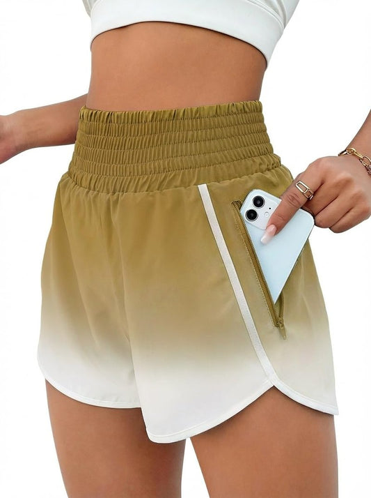 BMJL Women's Athletic Shorts High Waisted Running Short Pocket 2.8" Sporty Shorts Gym Elastic Workout Shorts(S,Flaxen2)