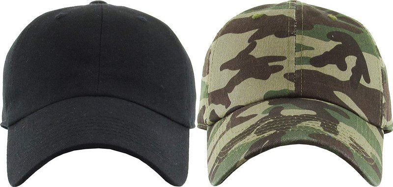 KBETHOS Classic Cotton Dad Hat Bundle Adjustable Unconstructed Plain Cap (One Size, Black + Camo (2 Pack))