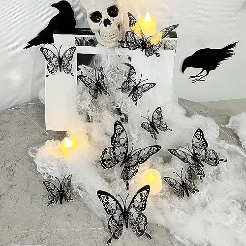 Halloween Wall Decor 3D Stereo Skull Butterfly Wall Decals Halloween Decorations Skeleton Butterflies Design Black Gothic Home Decor Halloween Wall Stickers for Door Wall Window Clings Decor 12Pcs