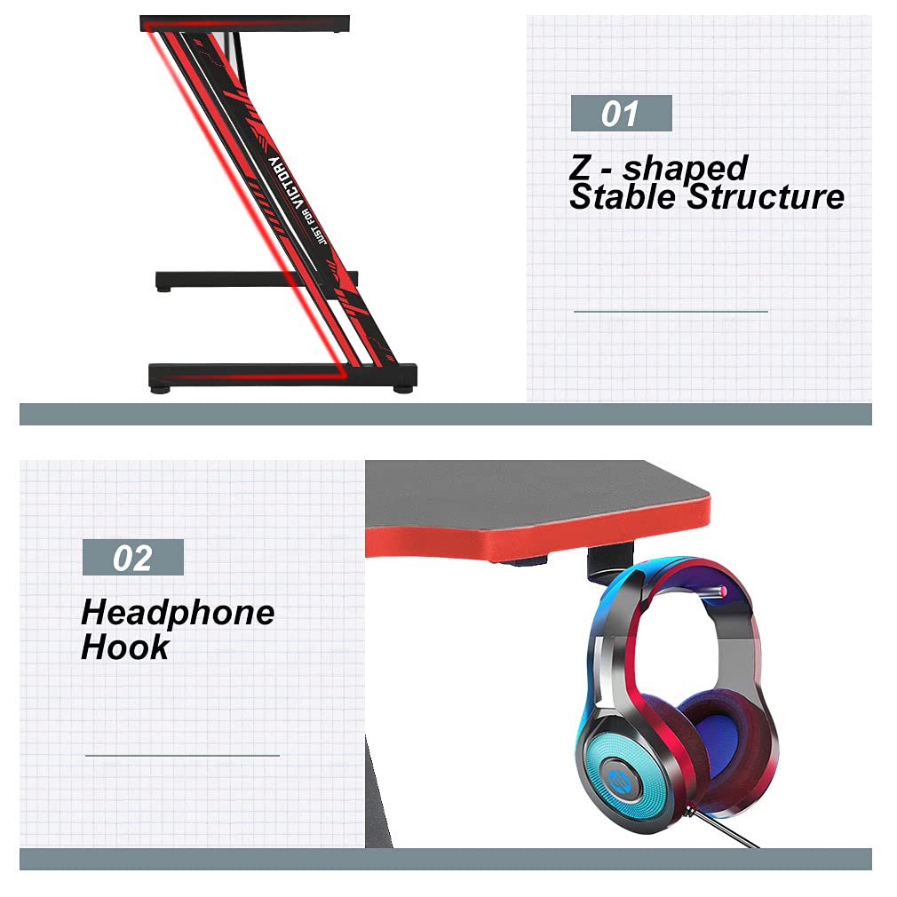 Gmaing Desk 35.4in PC Computer Desk Z Shaped Gaming Workstation Ergonomic Gaming Table with Headphone Hook for Home Office, Red