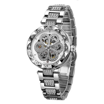 FORSINING Women Automatic Mechanical Watches Skeleton Steampunk Watch with Diamond and Carving Flower Craft Cold Watch for Women Minimalist Retro Design Mechanical Skeleton Wrist Watch Transparent