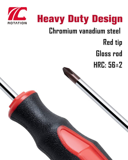 ROTATION 6 Piece Magnetic Tip Screwdriver Set 3 Phillips and 3 Flat Red Tip Red Glossy S2 Steel