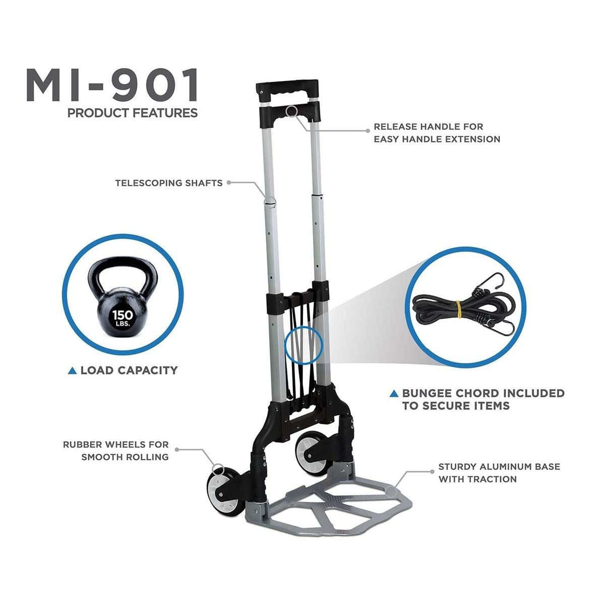 Mount-It! Folding Hand Truck and Personal Dolly, Foldable Aluminum Trolley Cart, 165 Lb Capacity Heavy Duty Dolly with Wheels of Rubber for Moving, Comfortable Telescoping Handle for Indoor Outdoor