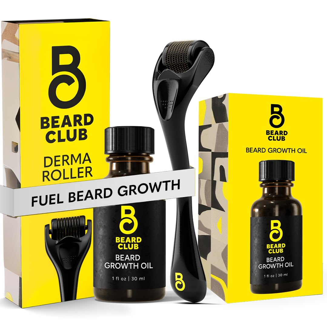 Beard Club Premium Derma Roller & Beard Growth Oil - Microneedling Roller with 540 Titanium Microneedles for Face, Body and Scalp - Beard Roller with Sandalwood & Cedar Beard Oil