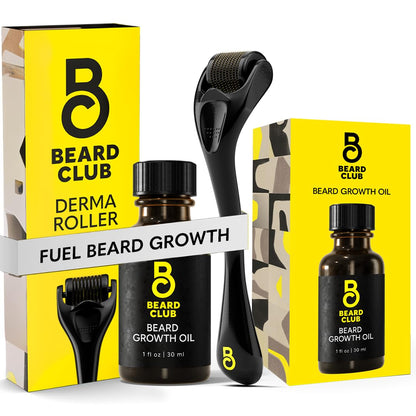 Beard Club Premium Derma Roller & Beard Growth Oil - Microneedling Roller with 540 Titanium Microneedles for Face, Body and Scalp - Beard Roller with Sandalwood & Cedar Beard Oil