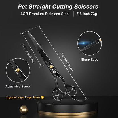 CIICII Dog Grooming Scissors Kit, 7.8 Inch Professional Pet Grooming Scissors Set (Dog/Cat Hair Thinning Trimming Cutting Shears) with Curved Scissor for DIY Home Salon (Heavy Duty-Black-9Pcs)