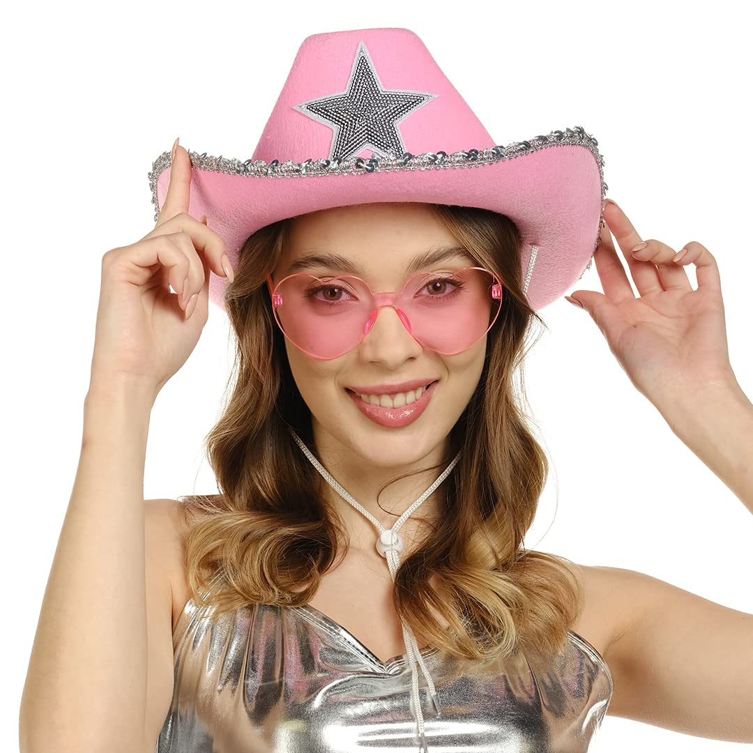 Funcredible Pink Cowboy Hat and Glasses - Preppy Cowgirl Hat with Star - Sparkly Cowboy Hats - Cowgirl Outfit Accessories for Women and Girls