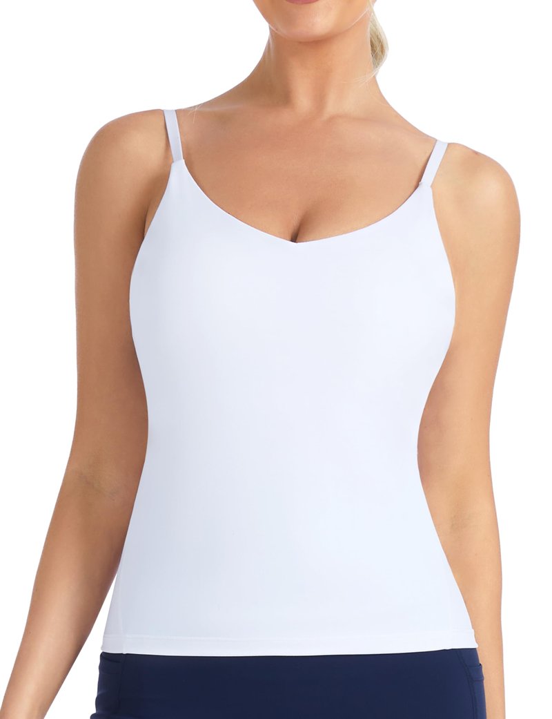 THE GYM PEOPLE Women's Longline V Neck Sports Bra with Removable Pads Adjustable Spaghetti Strap Yoga Workout Cami Tank Tops White