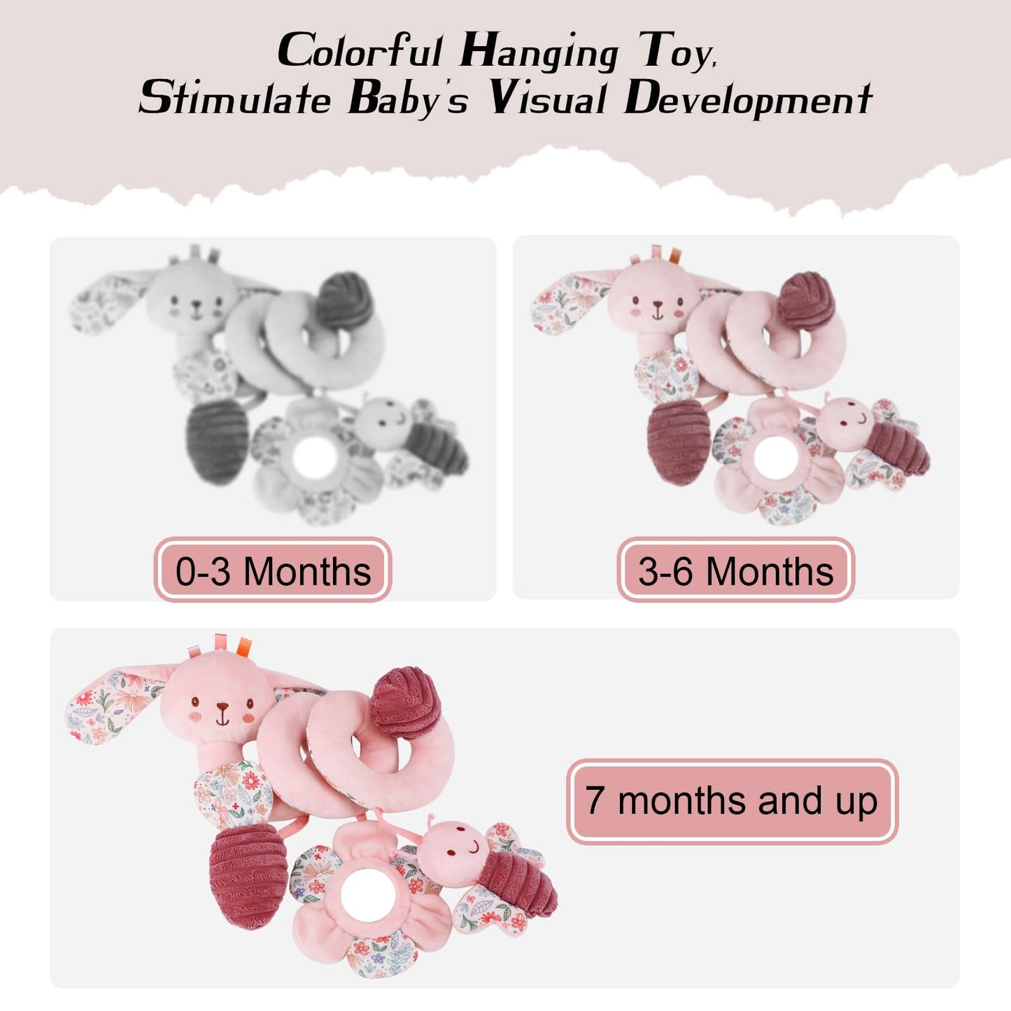 vocheer Hanging Toys for Car Seat Crib Mobile, Infant Baby Spiral Plush Toys for Crib Bed Stroller Car Seat Bar (Pink Rabbit)