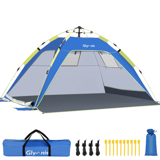 Glymnis Pop Up Beach Tent Sun Shade Shelter for 3-4 Person with UPF 50+, Lightweight & Easy Setup, Vent Windows & Zippered Door, Extended Floor Family Instant Beach Tent