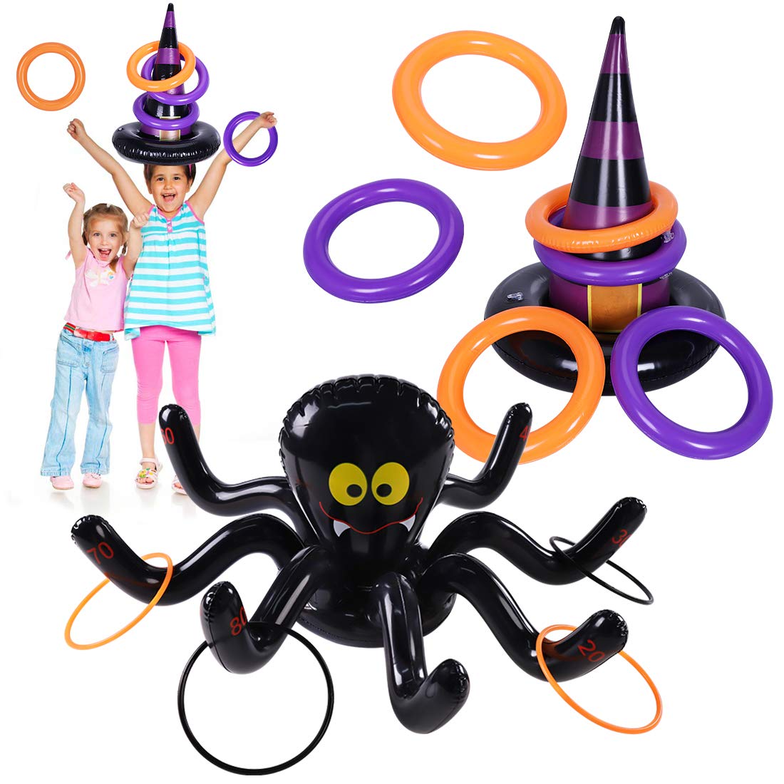 Max Fun Halloween Ring Toss Games Inflatable Spiders Ring Toss Witch’s Hat Toss Game for Kids Halloween Party Favors Supplies Indoors Outdoors Party Games