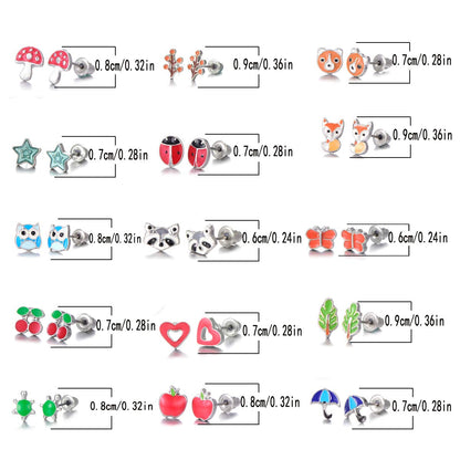 30 Pairs Stainless Steel Mixed Color Cute Animals Fox Heart Star Ladybug Bee Frog Mushroom Tree Daisy Umbrella Rose Gold White Pearl Stud Earrings Set (animal tree pearl)