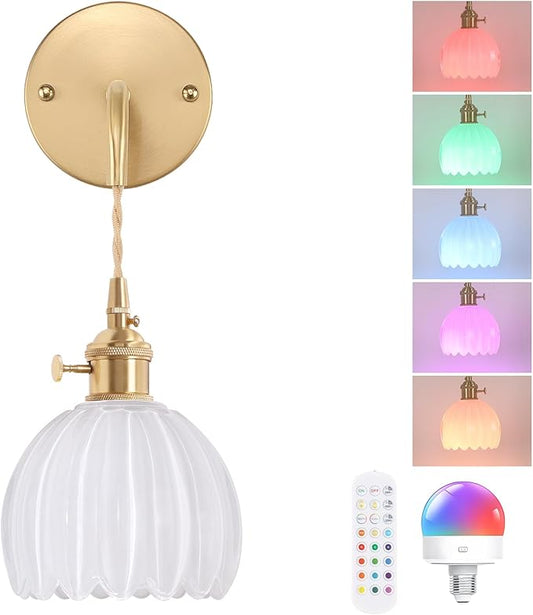 Battery Operated Wall Sconce with White Tulip Shade Pattern Glass Adjustable Chain Retro Gold Wall Mounted Light, Modern Wall Lamp Fixtures Decor for Bedside Bedroom Indoor Doorway