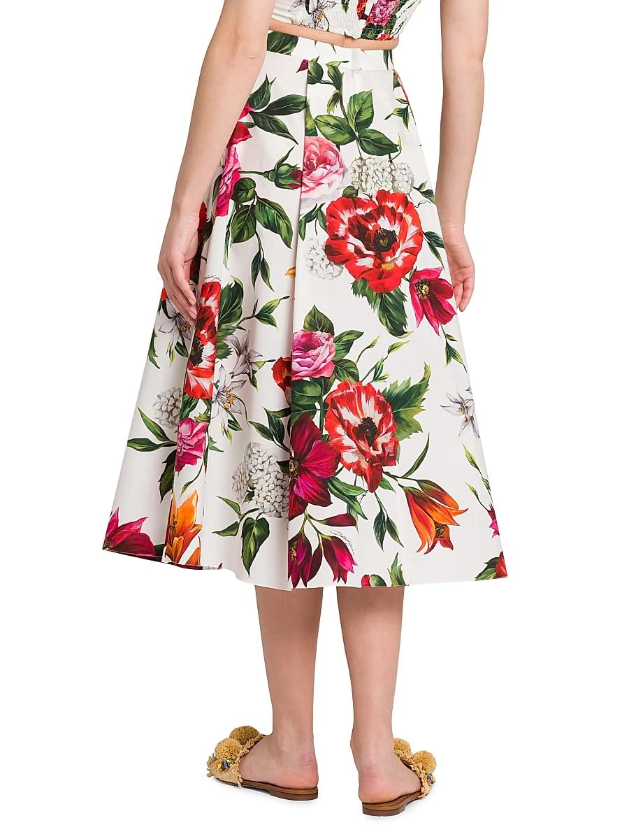 Dolce&Gabbana, Rafia Fiori Floral Pleated Cotton Poplin Midi-Skirt, 36 (0), White Print Flower
