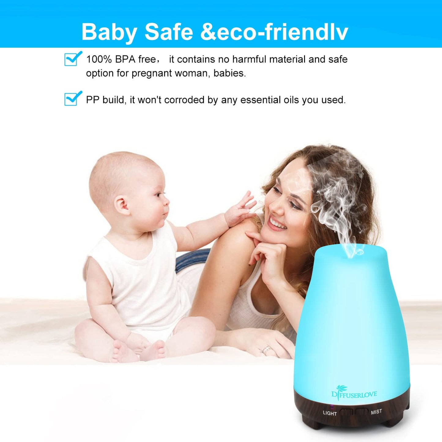 Diffuserlove Essential Oil Diffusers 200ML Remote Control Ultrasonic Mist Humidifiers BPA-Free Aromatherapy Diffuser with 7 Color Lights, Auto Shut-Off for Bedroom Office Kitchen