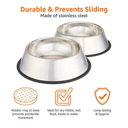 Amazon Basics Dog Bowls for Food and Water, Stainless Steel, 2 Count, Silver