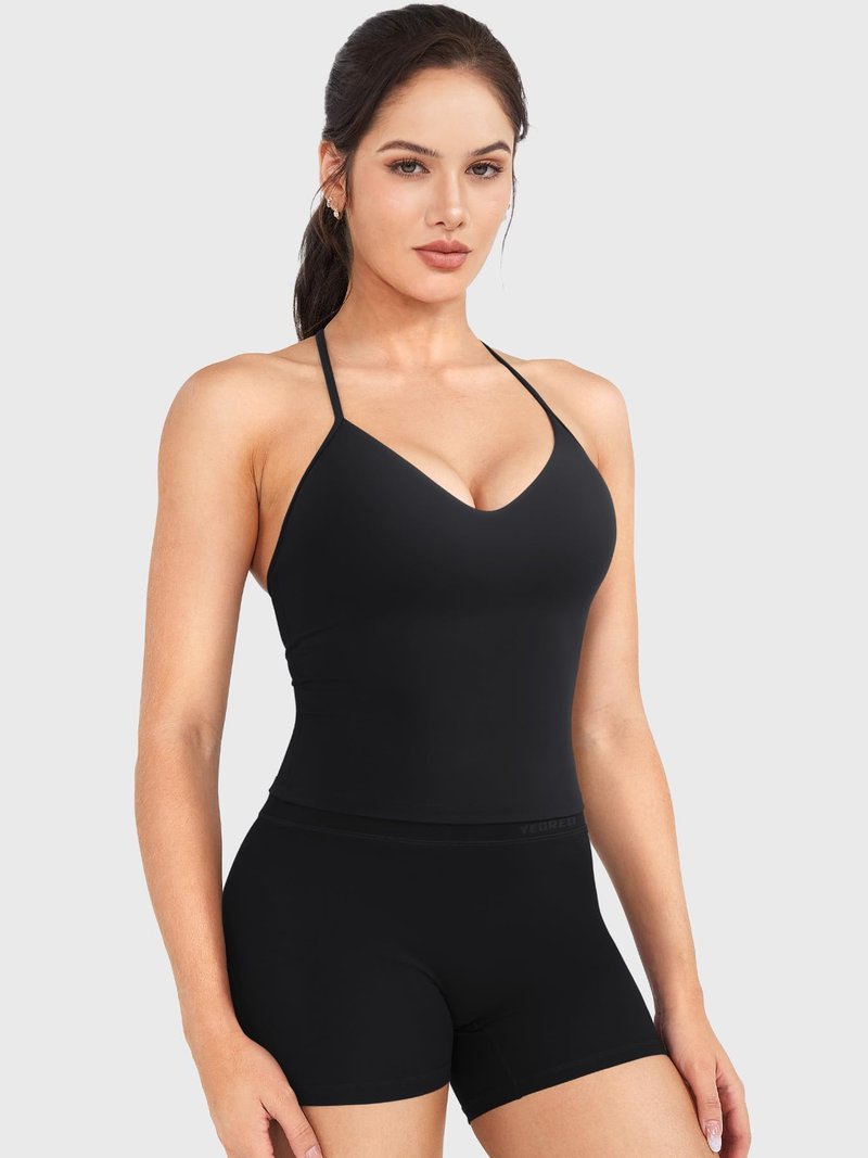 YEOREO CoreFlex Women's Impact Halter Tank Top Strappy Padded Open Back Deep V Neck Built-in Bra Workout Gym Crop Tops Black S