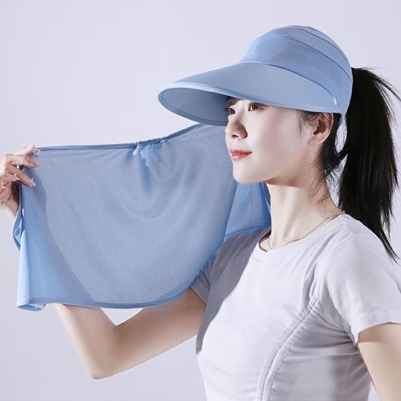 Outdoor UV Sun Protection Waterproof Breathable Face Neck Flap Cover Folding Sun Hat for Men/Women (Cotton Polyester, Sun Hat2-blue1)