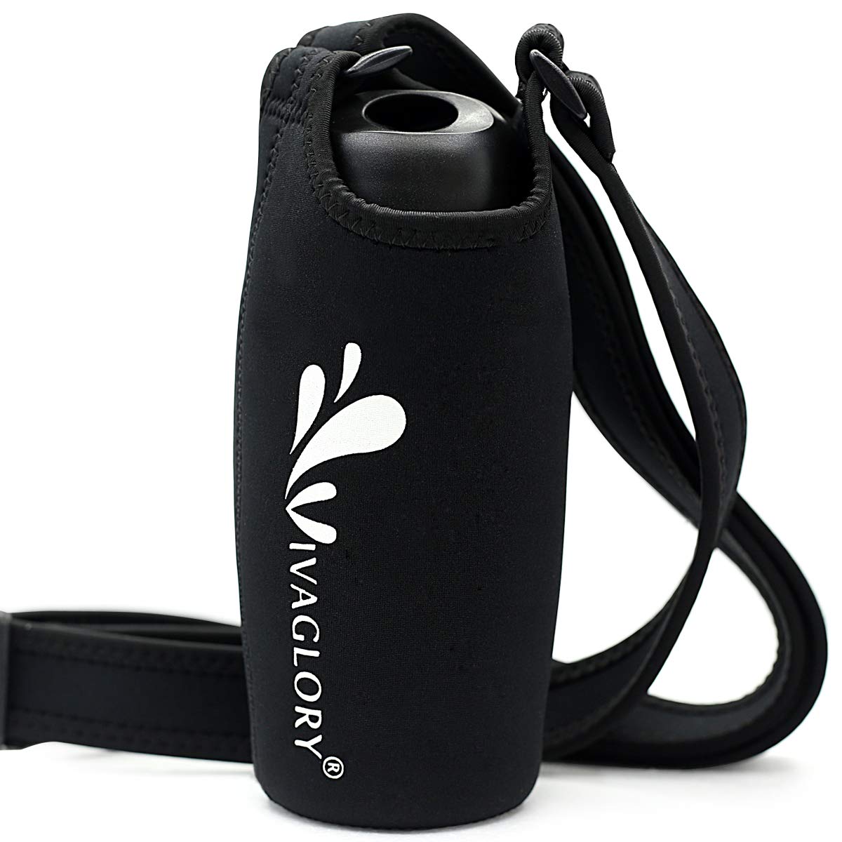 VIVAGLORY Dog Water Bottle & Bottle Holder with Strap Combo for Travel & Walking, Carrier with Adjustable Shoulder Strap, Portable & Stainless Steel for Pet Puppy, 25oz, Black