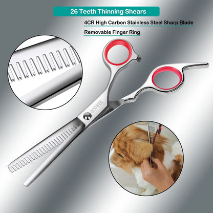 Elfirly Professional Dog Grooming Scissors Kit Stainless Steel Round Tip Cutting Curved Scissors Thinning Shears for Hair Trimming with Extra Dog Nail Clippers & Grooming Comb for Pets
