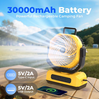 30000mAh Portable Camping Fan with RGB Lantern, Rechargeable Battery Powered Oscillating with 4 Wind Speeds LED Display, Remote Control Timer Tent Beach Cordless USB Fans for Travel Home Outdoor