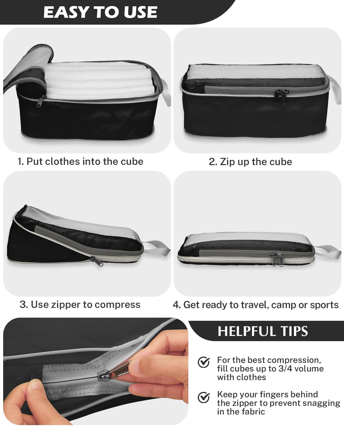 Gonex Expandable Mesh Packing Cubes - 8 Set Compression Organizer for Travel Essentials with Toiletry, Laundry, Shoe & Cable Bags - Black