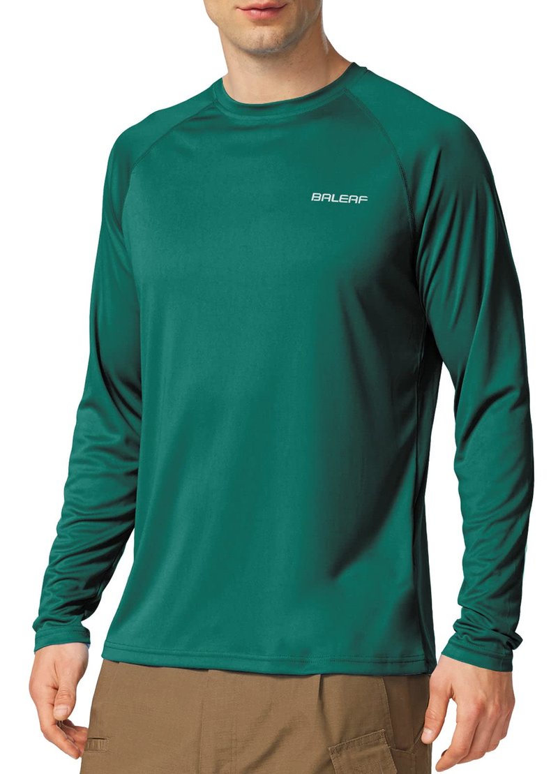 baleaf Mens UPF 50+ Sun Protection Shirts Long Sleeve Rash Guard, Quick Dry 4-Way Stretch for Fishing Swimming Surfing 01-Emerald L