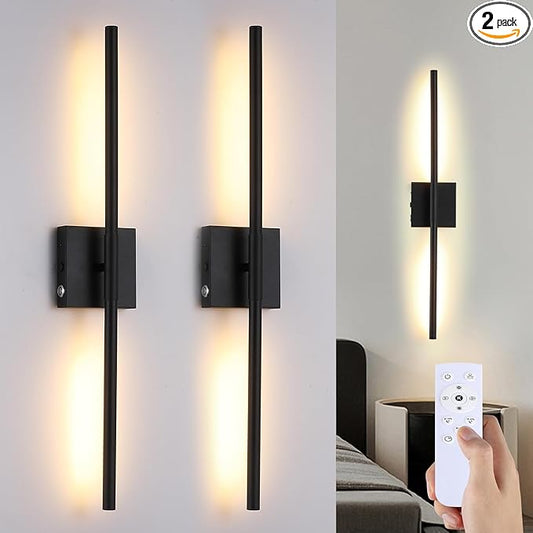Battery Operated Wall Sconces Set of 2,Dimmable Wall Sconce with Remote Control,Modern Black LED Rechargeable Wall Sconces Lights,27 Inch Wireless Lamp for Living Room,Bedroom,Bathroom