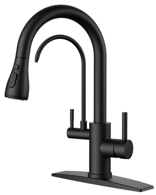 FORIOUS Black Kitchen Faucets with Water Filter, 2 in 1 Stainless Steel Pull Down Sink Faucet and Purified Water Faucet Rustic High Arc Single Handle with Detachable Deck for 1 or 3 Hole