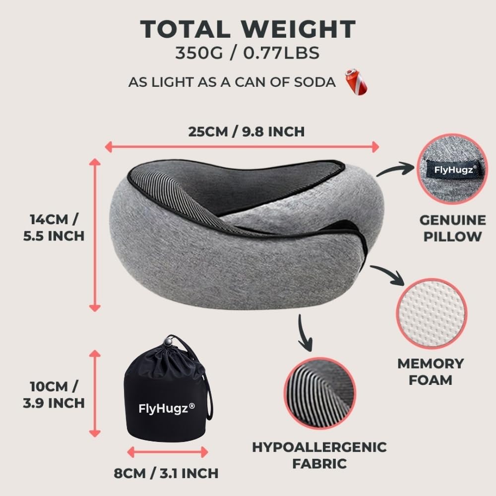 FlyHugz® Neck Travel Pillow | Memory Foam Neck Pillow for Comfort on Airplane | Compact and Ergonomic Design for Travel, Car Rides, and Home Use | Ideal for Adults and Kids