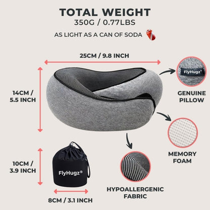 FlyHugz® Neck Travel Pillow | Memory Foam Neck Pillow for Comfort on Airplane | Compact and Ergonomic Design for Travel, Car Rides, and Home Use | Ideal for Adults and Kids