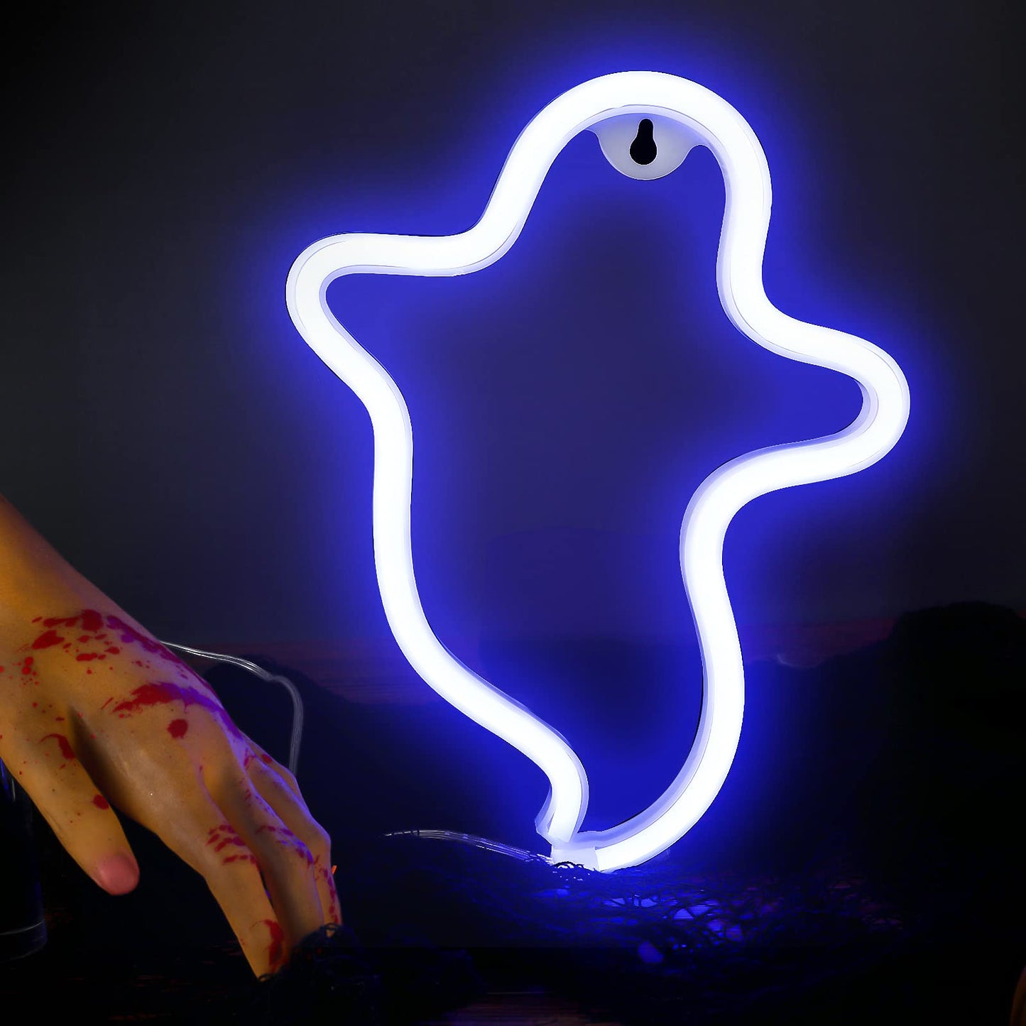 Neon Ghost Sign LED Neon Light Halloween Decoration Ghost Indoor Night Light with Battery or USB Power for Bedroom Birthday Party Wedding Blue