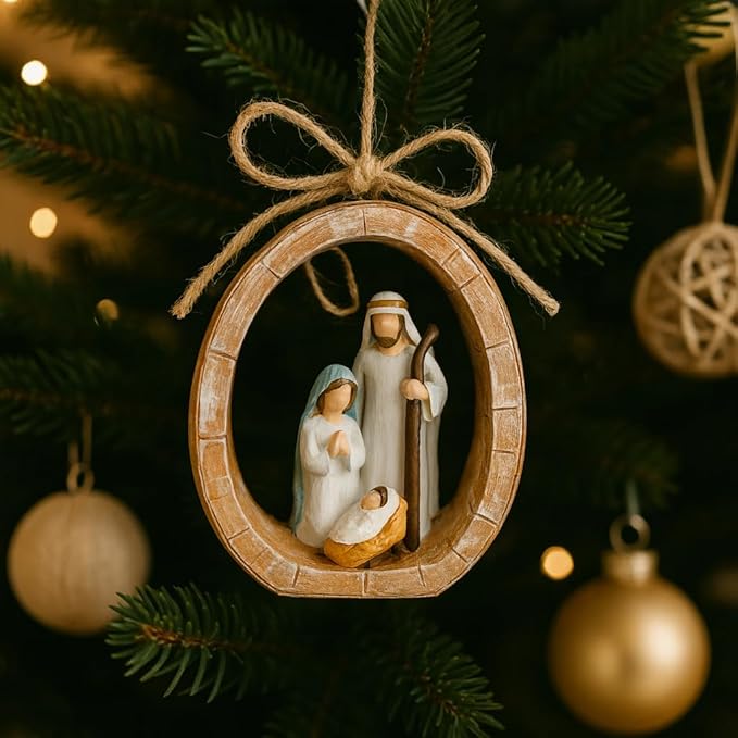 Holy Family Oval Nativity Set Hanging Christmas Ornament, Hand-Painted Resin with Jute Bow, Rustic Faux-Wood Ring, Religious Gift Xmas Tree/Wreath Décor (Nativity Scene)