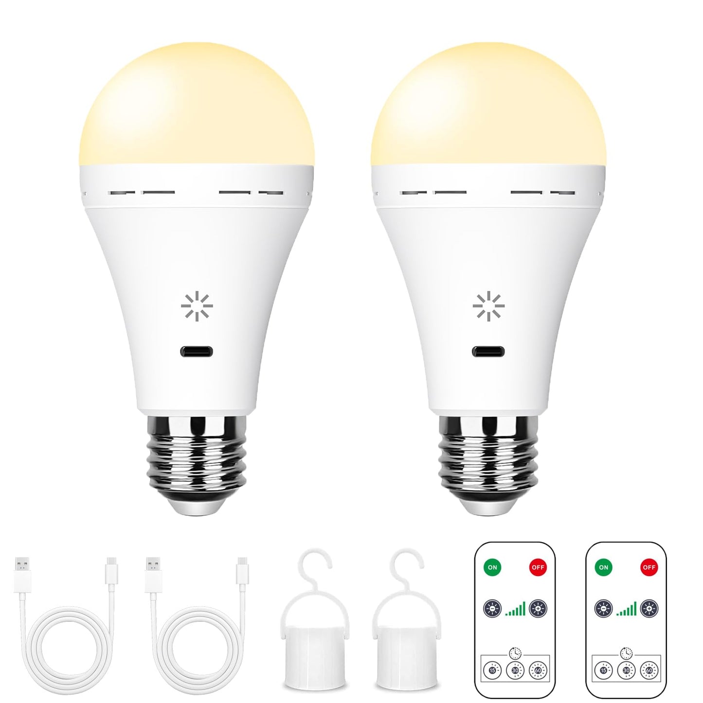 BOBOPAI USB Rechargeable Light Bulb with Remote Control, 2600mAh Battery Powered Light Bulbs E26 Touch Control Dimmable LED Bulb with Timer, Outdoor Emergency Bulb with Hook,3000K/2 Pack