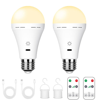 BOBOPAI USB Rechargeable Light Bulb with Remote Control, 2600mAh Battery Powered Light Bulbs E26 Touch Control Dimmable LED Bulb with Timer, Outdoor Emergency Bulb with Hook,3000K/2 Pack