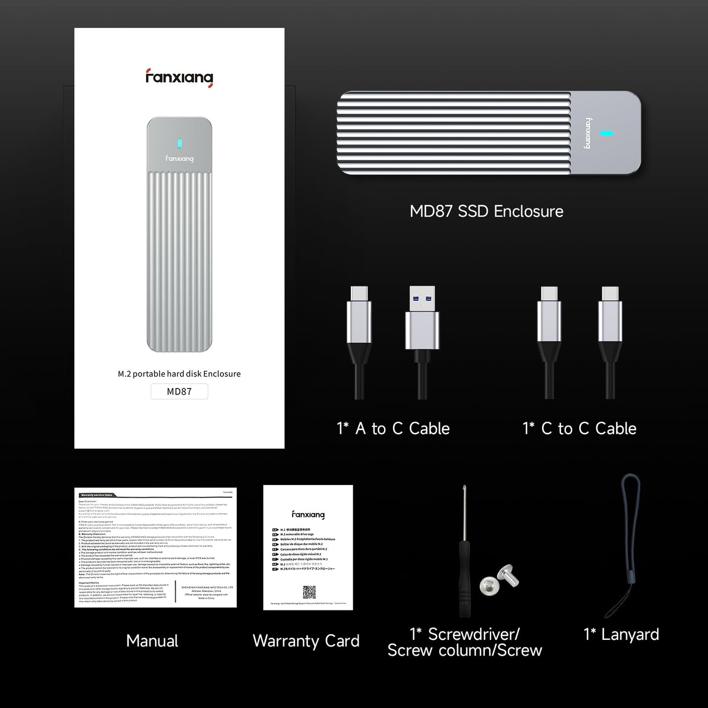 fanxiang M.2 NVMe Enclosure, Dual-Protocol SSD Enclosure USB 3.2 Gen2 10Gbps, Up to 4TB M Key/B+M Key, With USB C to C and USB A to C Cables for 2230/2242/2260/2280—MD87