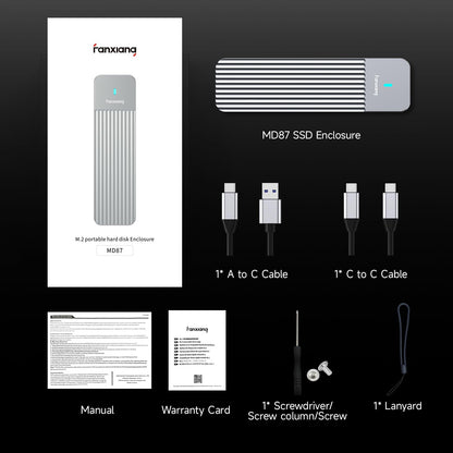 fanxiang M.2 NVMe Enclosure, Dual-Protocol SSD Enclosure USB 3.2 Gen2 10Gbps, Up to 4TB M Key/B+M Key, With USB C to C and USB A to C Cables for 2230/2242/2260/2280—MD87