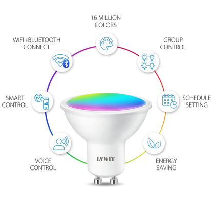 LVWIT GU10 Led Bulb,Smart RGB GU10 Tuya APP Bulbs,5W Replace 35 Watt, 350Lm,Compatible with Alexa, Echo, Google Assistant, TUYA/Smart Life Bulbs (Pack of 4)