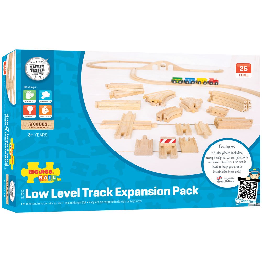 Bigjigs Rail Low Level Train Track Expansion Pack | 25 Wooden Pieces to Add on Starter Railway Set | Toy Trainset Includes Accessories, Connectors for Extension | Educational Gift for Kids ages 3+