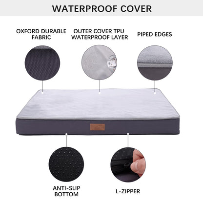 Jaspuriea Large Orthopedic Dog Bed - Washable Waterproof Removable Cover, Anti-Slip, Deluxe Dogs Crate Flannel Mattress, Grey, 90x60x9cm