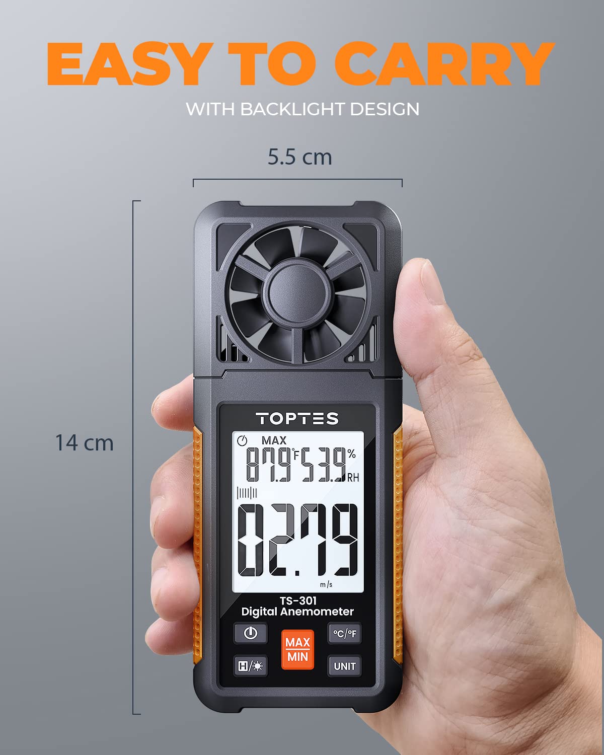 TopTes TS-301 Anemometer Wind Speed Meter, 2.26-Inch Display Wind Meter with Backlight, Max/Min/Average - Orange