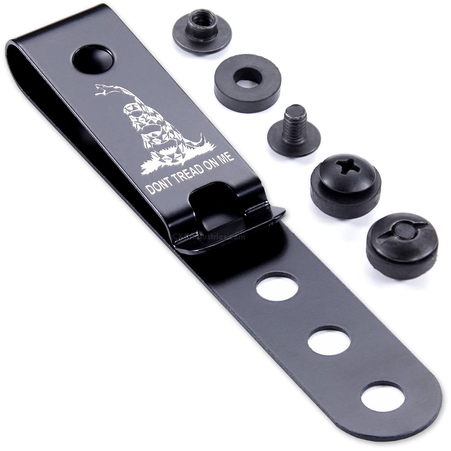 HolsterSmith Universal Metal Belt Clip for Holster Making - (Model 5) - (3-Hole) - (Tactical Black) - (w/Don’t Tread On Me Engraving) - (w/Mounting Hardware) - (1 Pack)