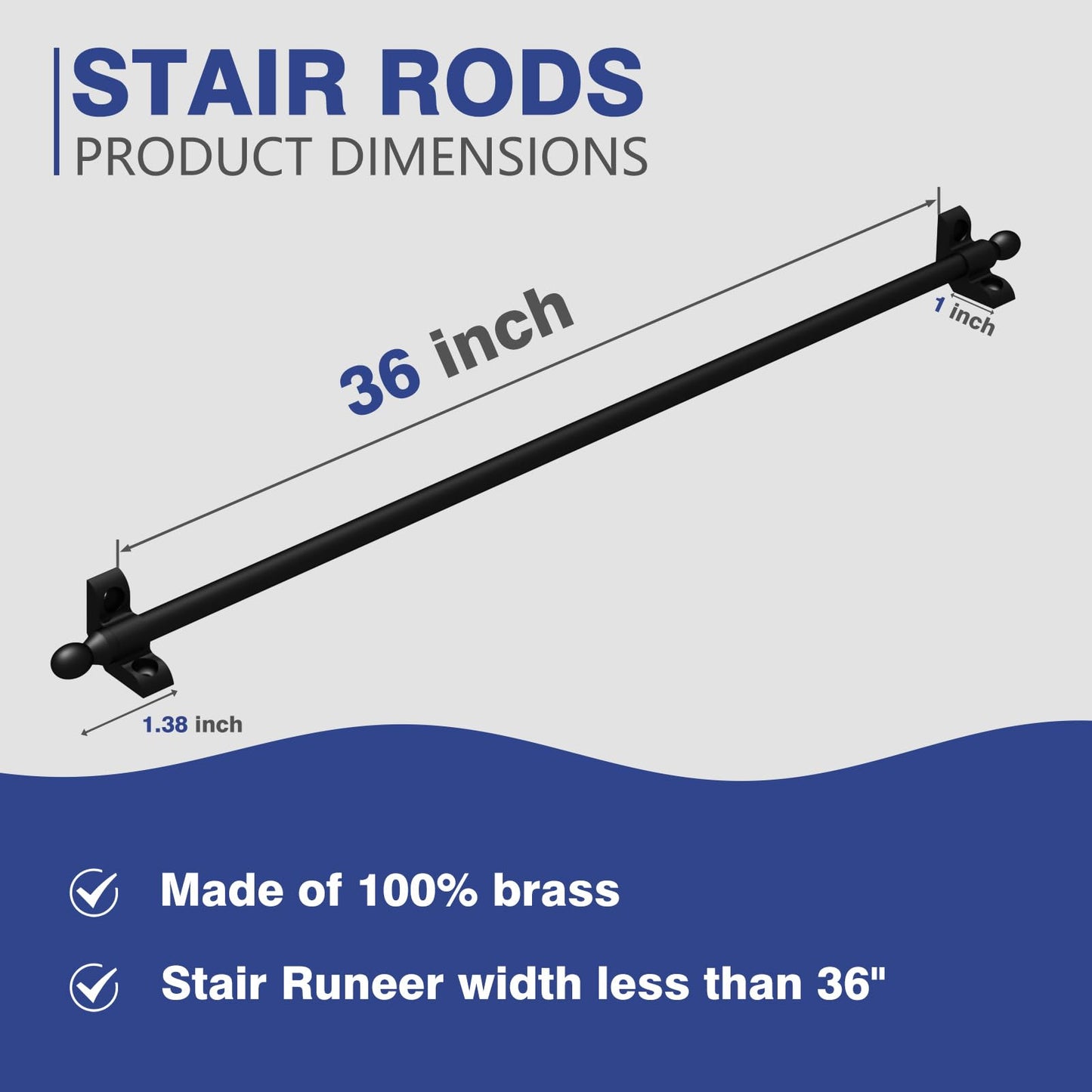 Solid Brass Stair Rods for Carpet Runners Set of 5, Black Stair Runner Rods for Fixed Stair Carpet, 36 inch Oval Finial Carpet Runner Rods