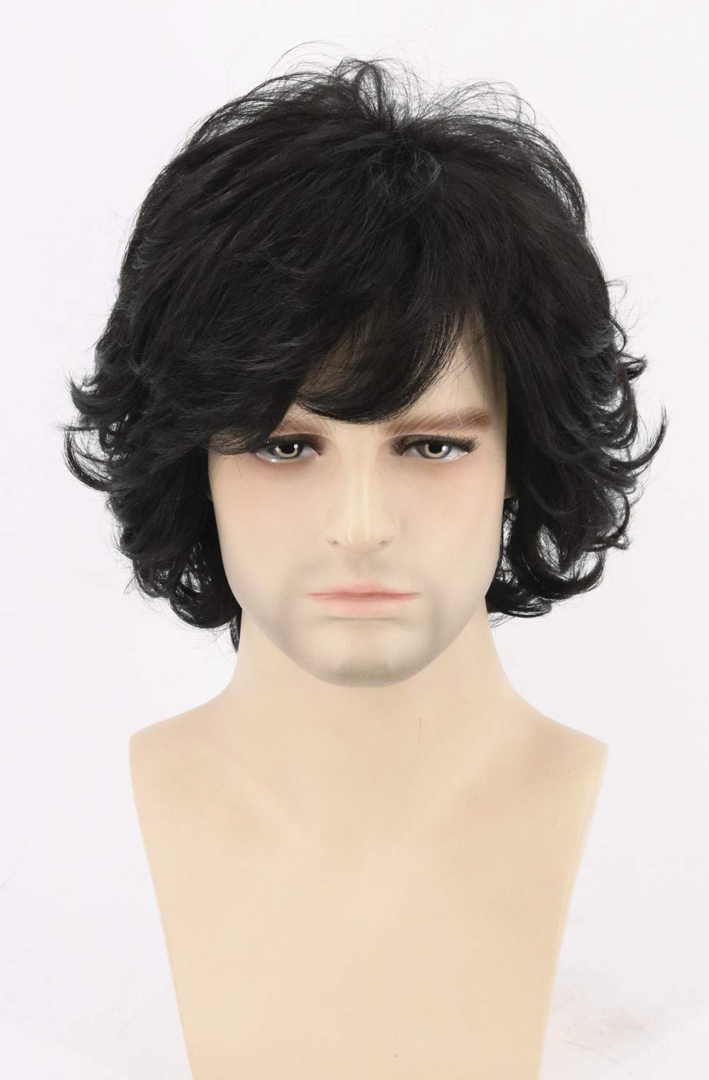 Topcosplay Men's Wigs Black Short Wavy Shaggy Style Layered Cosplay Halloween Costumes Male 70s Disco Hippie Wig