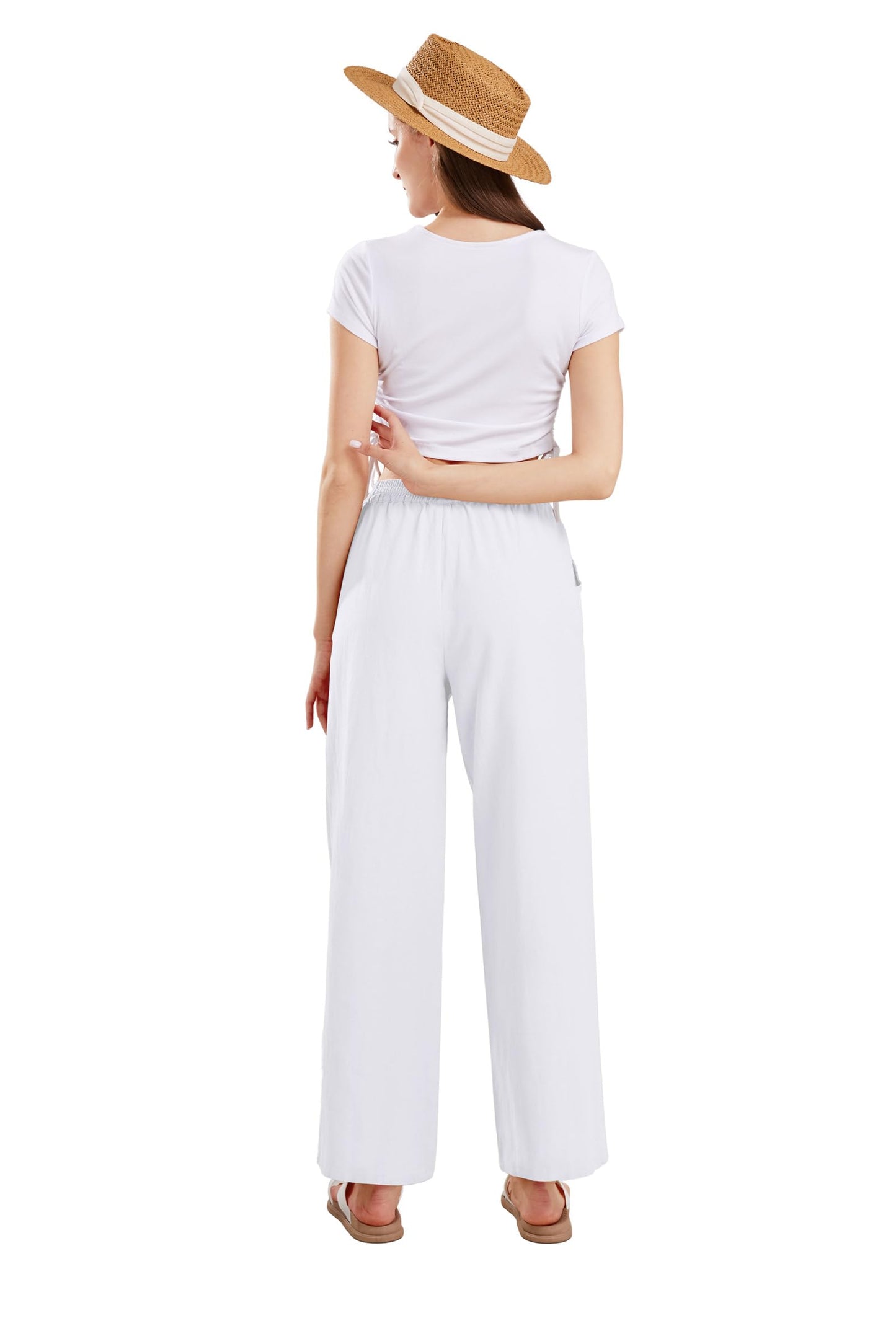 CHARTOU Women's Summer Drawstring Waist Wide Leg Loose Cotton Linen Palazzo Pants