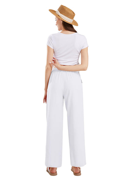 CHARTOU Women's Summer Drawstring Waist Wide Leg Loose Cotton Linen Palazzo Pants
