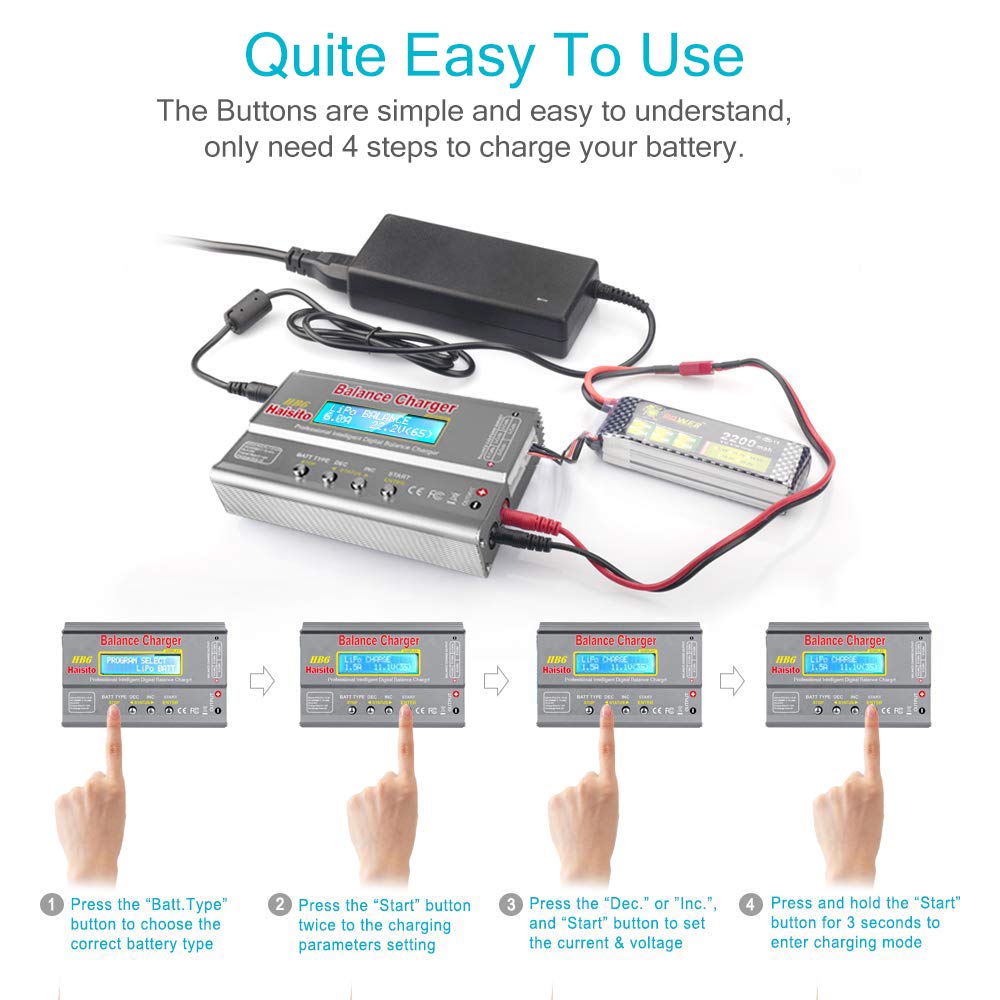 Haisito Lipo Charger, 80W 6A Balance Charger for LiPo Li-ion LiFe NiCd NiMh Pb, Multi-functional Intelligent Charger, RC Hobby Battery Balance Charger LED W/AC Power Adapter