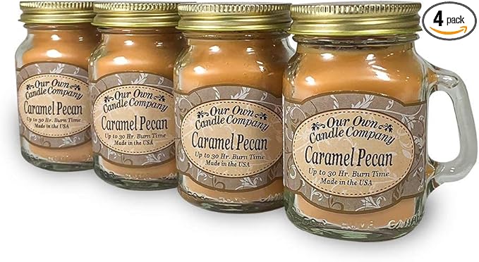 Our Own Candle Company Caramel Pecan Scented Mini Mason Jar Candle, 3.5 Ounce (4 Pack)
